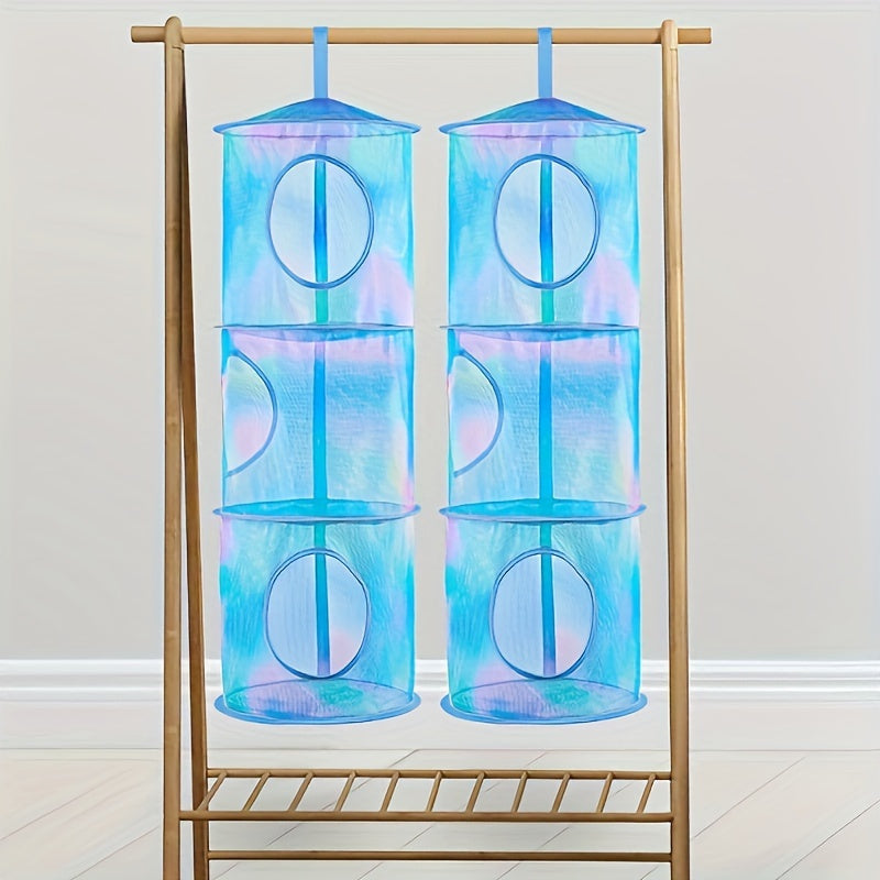 3-Tier Hanging Organizer with Open Cage Design - Stackable Storage Basket, Pastel Pink, Space-Saving Vertical Organizer for Plush Animals, Toys, Bras, Hanging Baskets - Durable Polyester Hanging Net for Home, Closet, Bathroom - Easy Hang Chains Included,