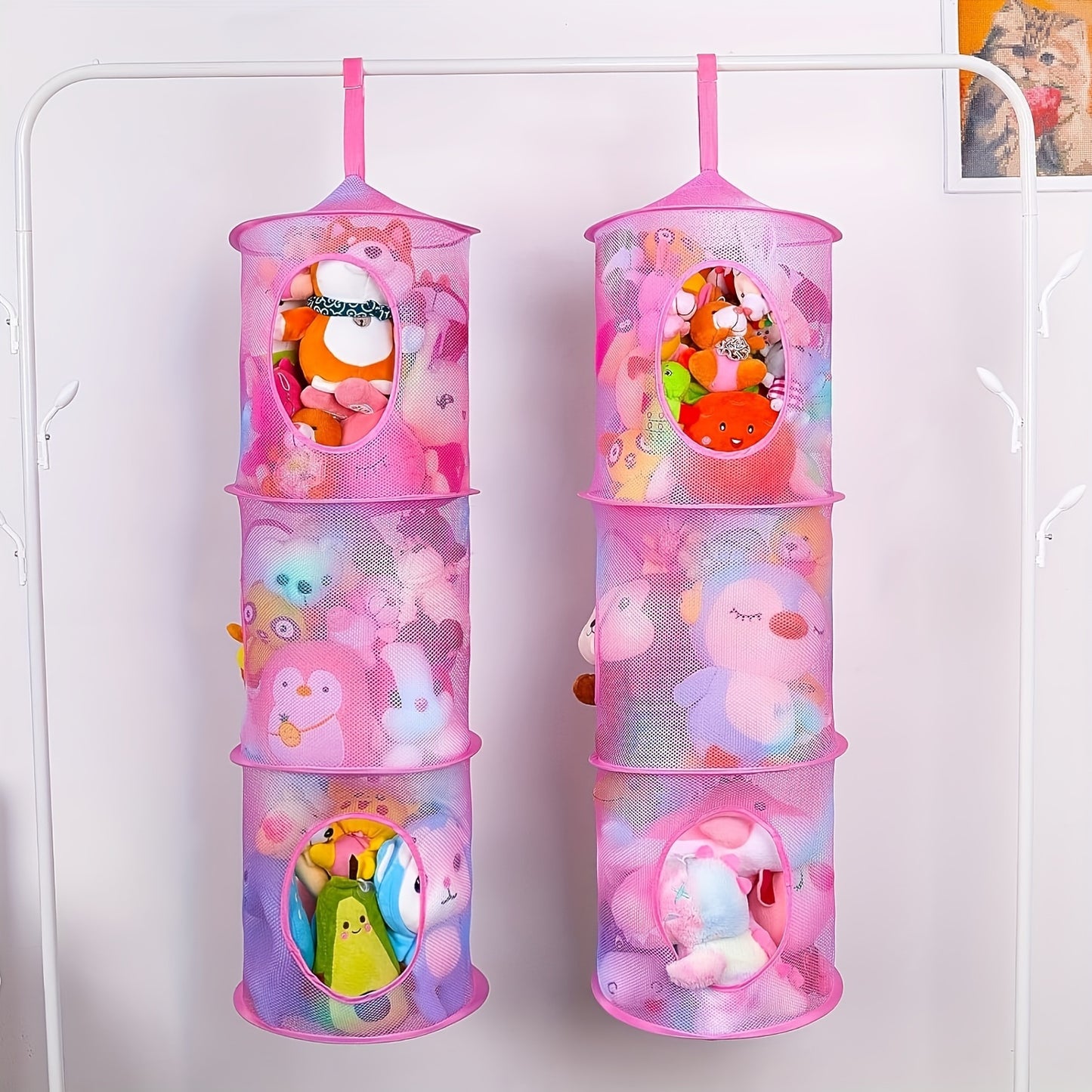 3-Tier Hanging Organizer with Open Cage Design - Stackable Storage Basket, Pastel Pink, Space-Saving Vertical Organizer for Plush Animals, Toys, Bras, Hanging Baskets - Durable Polyester Hanging Net for Home, Closet, Bathroom - Easy Hang Chains Included,