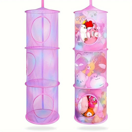 3-Tier Hanging Organizer with Open Cage Design - Stackable Storage Basket, Pastel Pink, Space-Saving Vertical Organizer for Plush Animals, Toys, Bras, Hanging Baskets - Durable Polyester Hanging Net for Home, Closet, Bathroom - Easy Hang Chains Included,