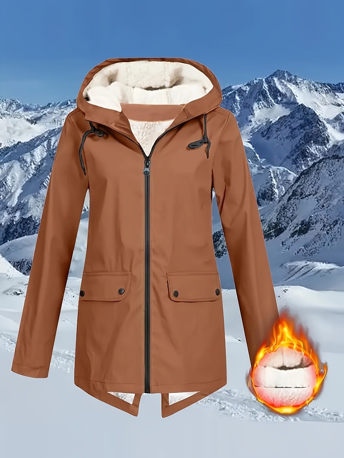 Women's Plus Size High Quality Fleece-Lined Hooded Jacket - White Long Sleeve Winter Coat with Pockets, Warm & Versatile for Outdoor Adventures, Winter Jacket