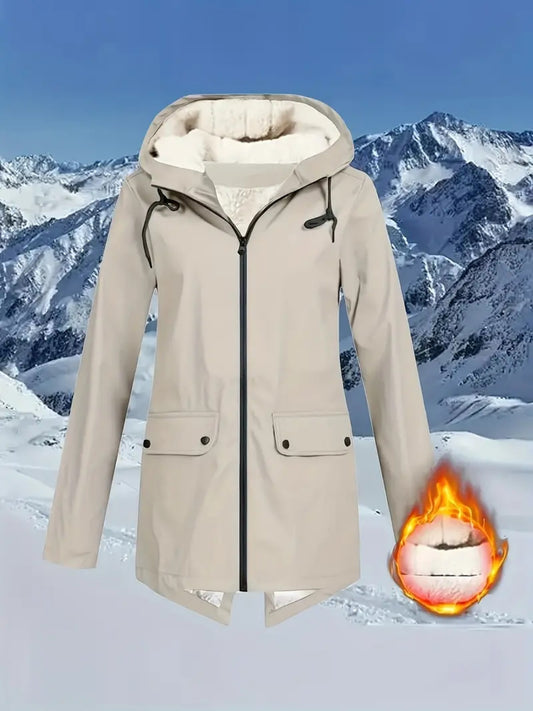 Women's Plus Size High Quality Fleece-Lined Hooded Jacket - White Long Sleeve Winter Coat with Pockets, Warm & Versatile for Outdoor Adventures, Winter Jacket