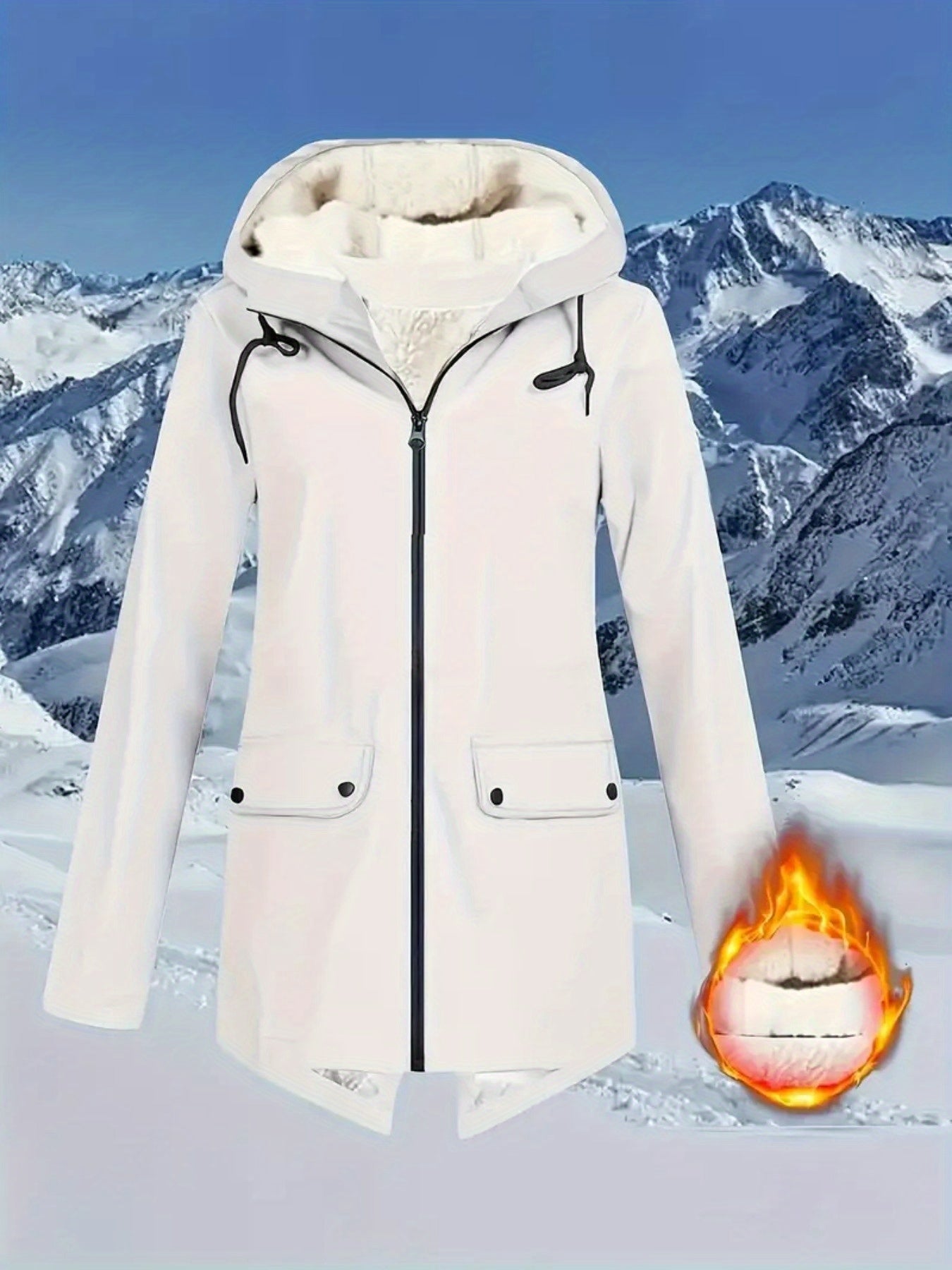 Women's Plus Size High Quality Fleece-Lined Hooded Jacket - White Long Sleeve Winter Coat with Pockets, Warm & Versatile for Outdoor Adventures, Winter Jacket