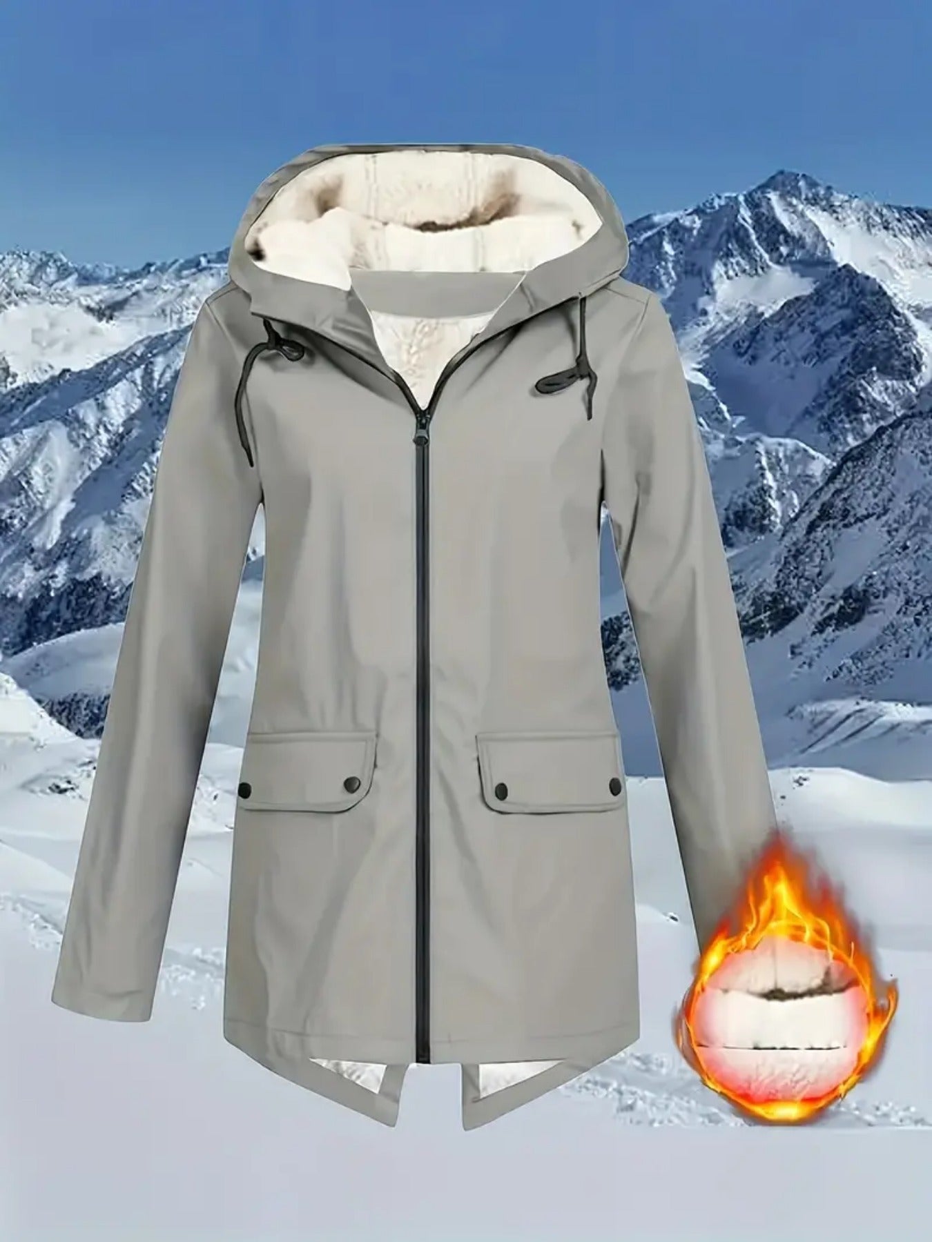 Women's Plus Size High Quality Fleece-Lined Hooded Jacket - White Long Sleeve Winter Coat with Pockets, Warm & Versatile for Outdoor Adventures, Winter Jacket