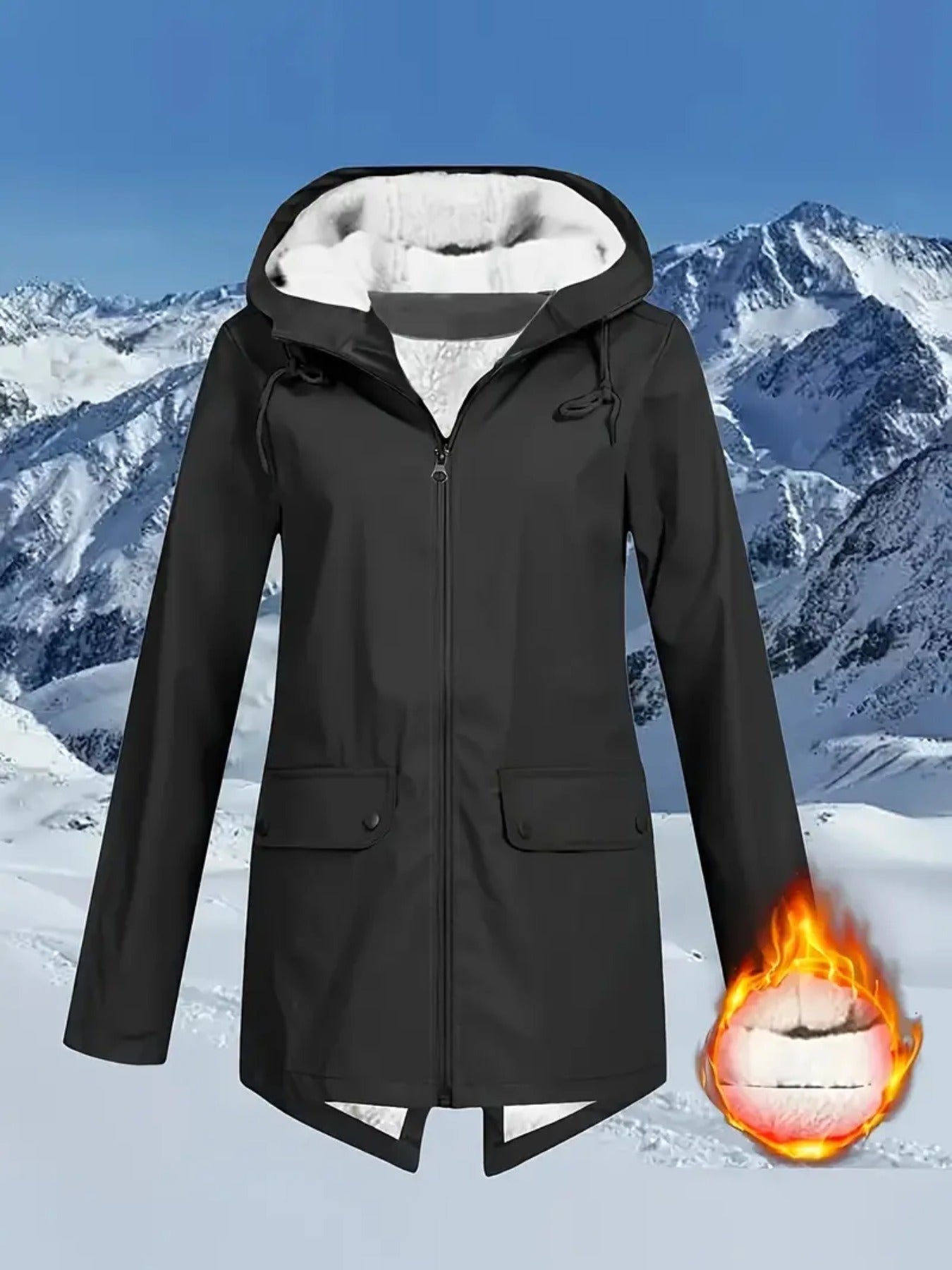 Women's Plus Size High Quality Fleece-Lined Hooded Jacket - White Long Sleeve Winter Coat with Pockets, Warm & Versatile for Outdoor Adventures, Winter Jacket