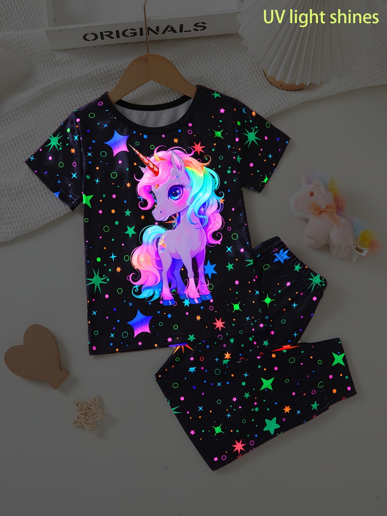 ' Spring/Autumn/Summer 2pcs Set: Glow-in-the-Dark Unicorn Pattern Round Neck Pullover T-Shirt + Glow-in-the-Dark Starry Sky Print Elastic Waist Tie-Leg Pants Cute Style Long Pants Outfit, Everyday Outfit, 's Play Clothes, Playful Fashion, Glow In The Dark