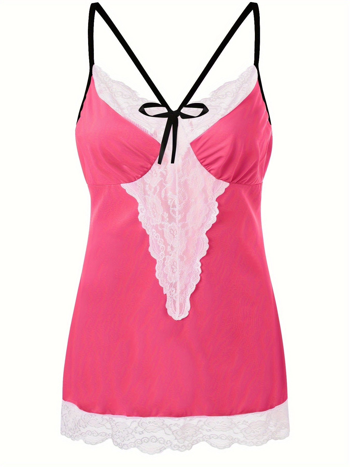 Plus Size Sexy Nightdress, Women's Plus Comfort Soft Contrast Lace Criss Cross Back V Neck Cami Sleep Dress With Free Underwear