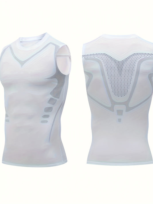 Men's Geometric Print Compression Tank Top, High Stretch And Skinny Fit Sports Vest, Moisture Wicking And Quick Dry Active Top For Training, Basketball And Fitness Wear