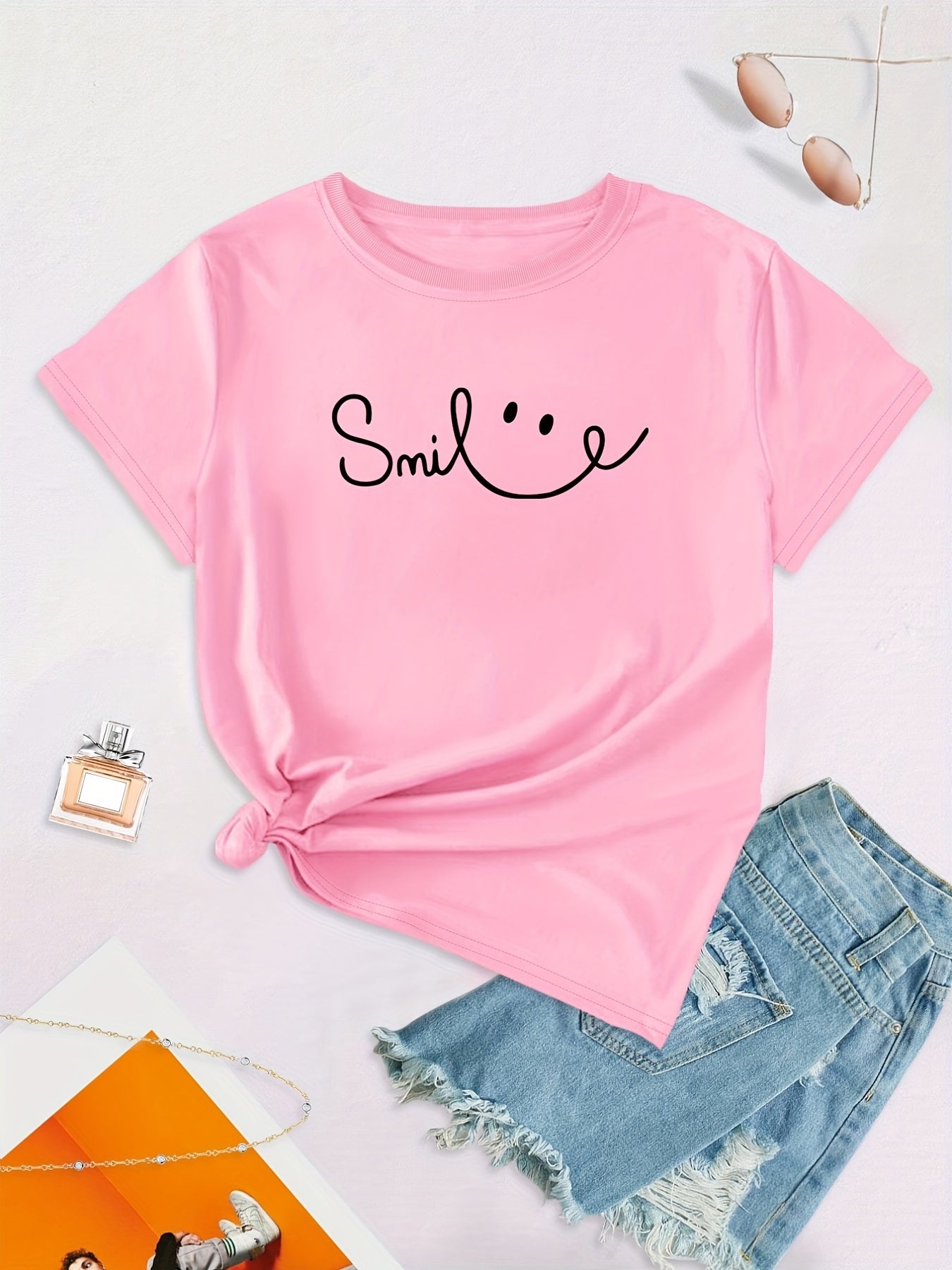 Plus Size Face Print Short Sleeve T-shirt, Women's Plus Slight Stretch Round Neck Casual Tee