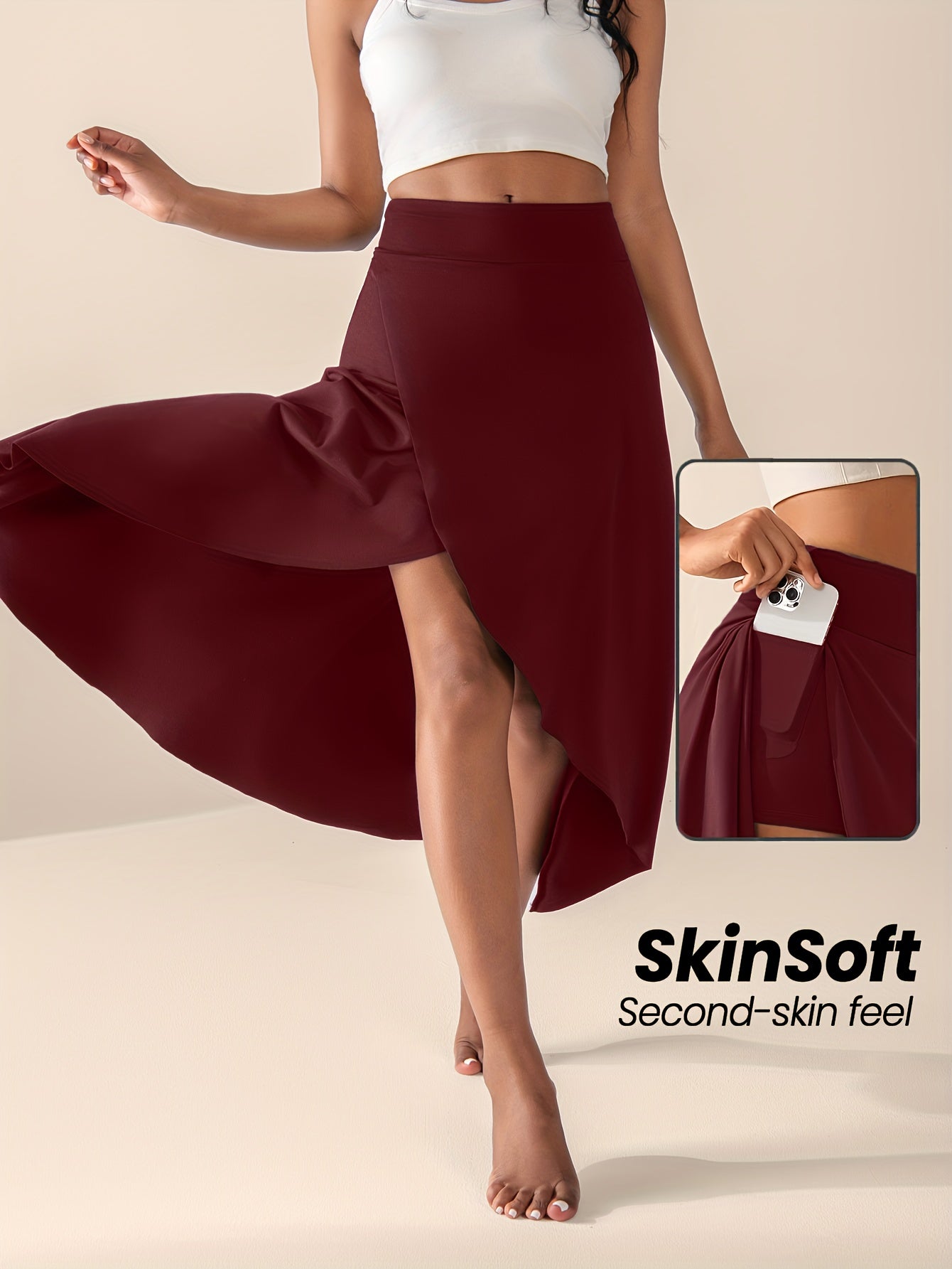 Women's High-Waisted Split Skort with Pockets, Solid Color Casual Sports Skirt, Breathable & Flexible for Active Wear