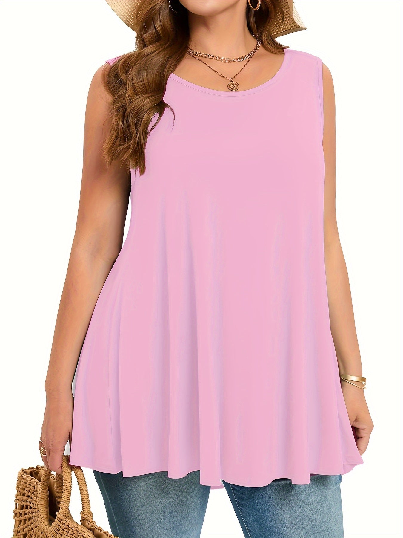Plus Size Women's Stretchy Sleeveless Round Neck Tank Top - Solid Color Casual Vacation Wear, Machine Washable Spring/Summer Tops, Ladies Tank Tops, Summer Plus Top, Flowy Fabric Top, Nontransparent Fabric, Travel Clothing, Relaxed Fit, Breathable Materia