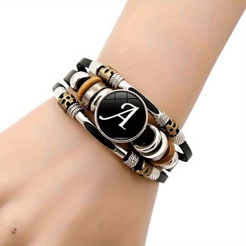 1pc Multilayer Braided Bangle Punk Style A-Z Bangle With 26 Alphabet PU Leather Bracelets With Identification Name For Men And Women