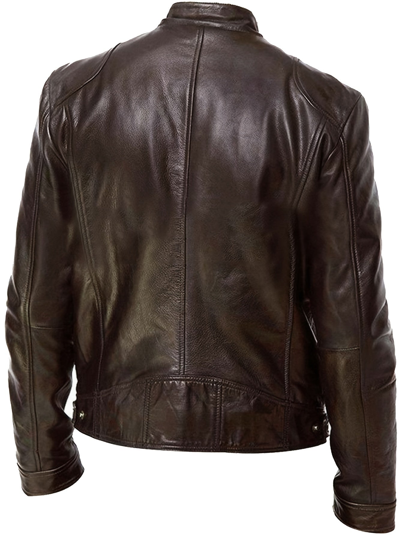 EX-STRECH Men's Zipper Jacket Coat - Full-Zip Motorcycle Jacket with Full-Zip Closure, Full-Length Zipper Front, Stand Collar & Zippered Pockets - Heavy-Duty Brown Leather-like Texture, Lining - Casual & Formal Outerwear for Everyday, Business, or Riding