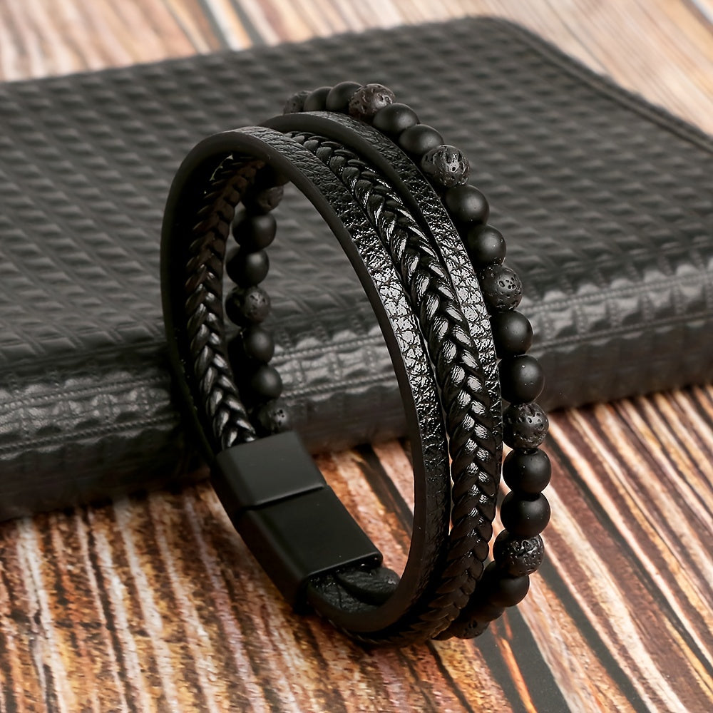 1pc Fashion Layered Handmade Braided PU Leather Bracelet, Tiger Eyestone Beaded Bracelet, Characteristic Punk Bracelet, Father's Day Gift