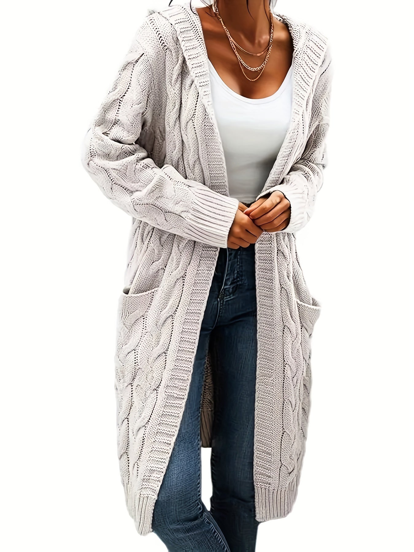 Women's Mid-Length Hooded Cardigan - Soft Stretchy Solid Color Long Sleeve Open Front Sweater with Pockets, Machine Washable Casual Elegance for Fall Winter, Everyday Comfort Wear, Stylish Hooded Design, Comfortable Fit