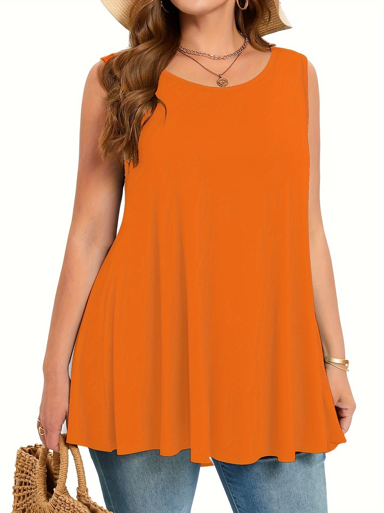 Plus Size Women's Stretchy Sleeveless Round Neck Tank Top - Solid Color Casual Vacation Wear, Machine Washable Spring/Summer Tops, Ladies Tank Tops, Summer Plus Top, Flowy Fabric Top, Nontransparent Fabric, Travel Clothing, Relaxed Fit, Breathable Materia