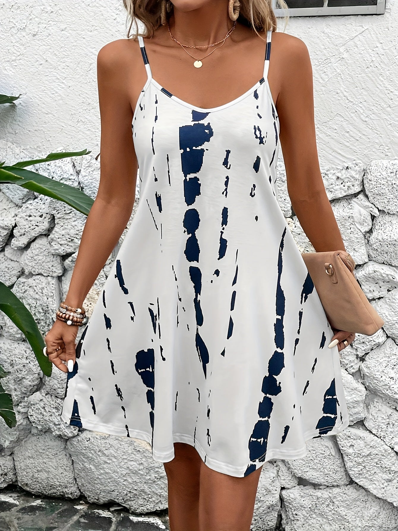 Red Printed Knit Fabric Casual Dress for Women with Spaghetti Straps