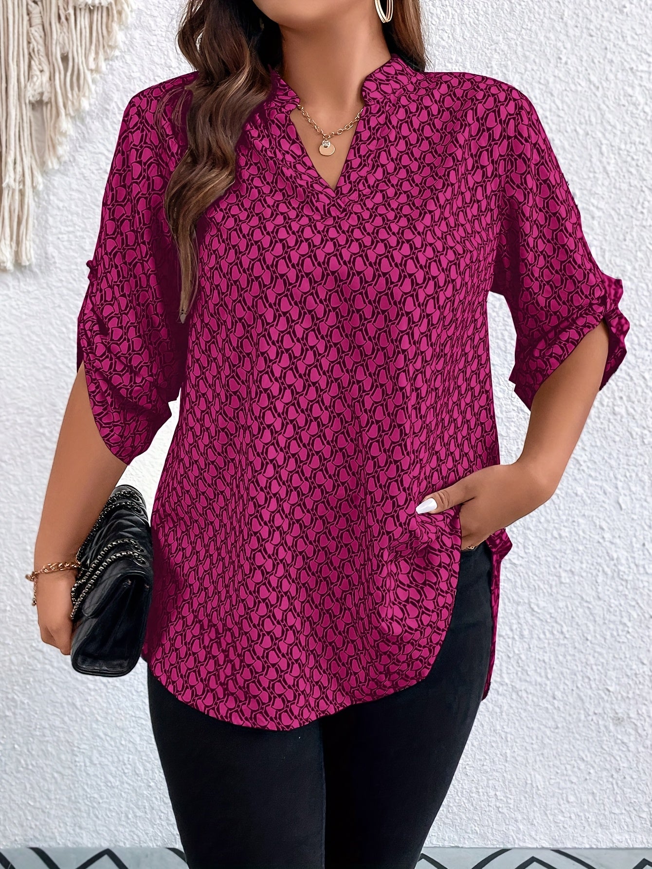 Plus Size Casual Blouse, Women's Plus Allover Print Roll Up Sleeve Notched Neck Tunic Top