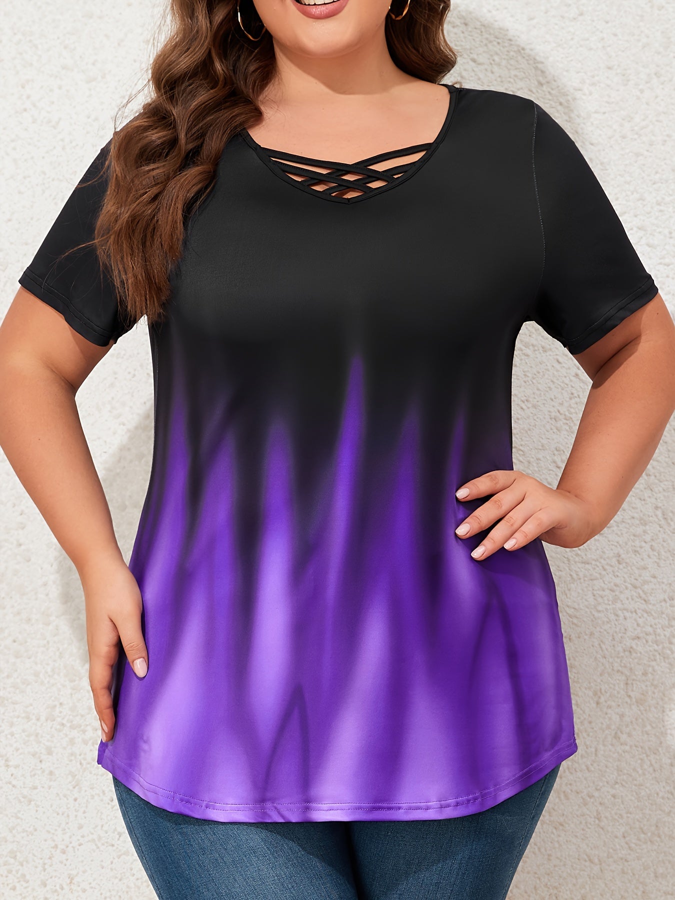 Women'S Plus Size Aurora Print Cross Neckline T-Shirt - Casual V-Neck, Short Sleeve, Medium Stretch, Summer Pullover