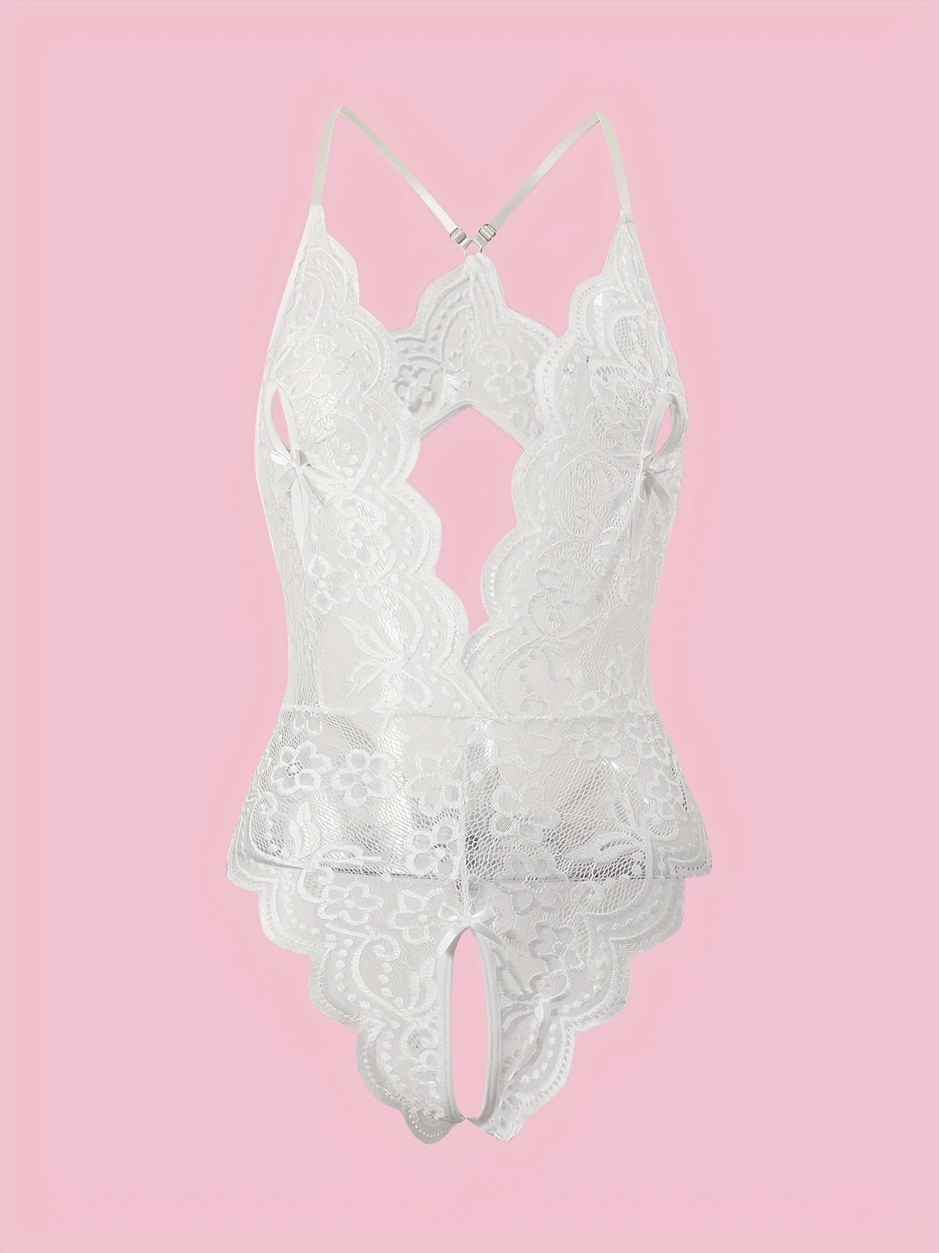 Floral Lace Scallop Trim Teddy, Plunging Halter Backless Open Crotch Bodysuit, Women's Sexy Clothing