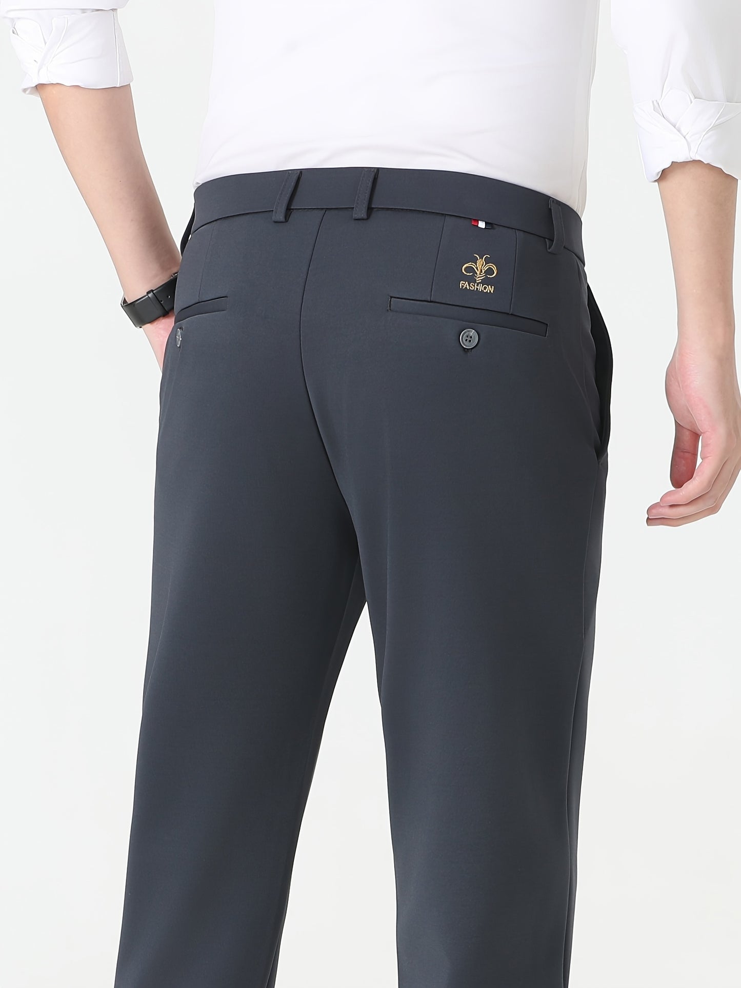 Men's Light Business Casual Dress Pants - High Elasticity, Wrinkle-Resistant, Embroidered Logo, Machine Washable, All-Season Regular Fit, Versatile Trousers, Elastic Comfort Waistband, Wrinkeresistant Fabric