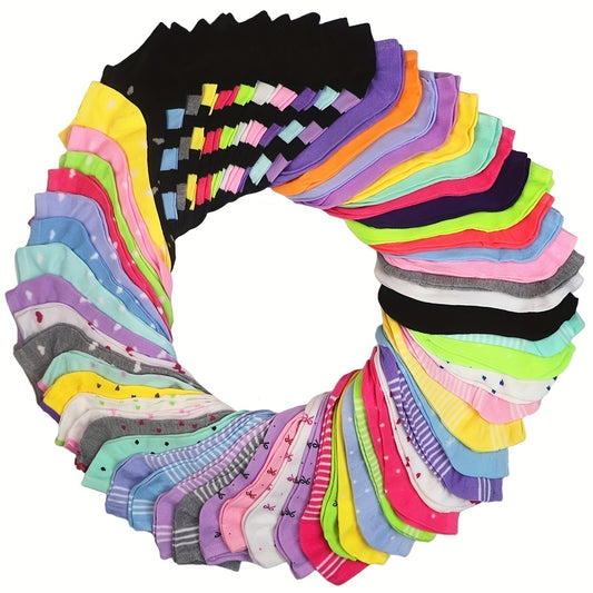 20 Pairs Women's Ankle Socks - Candy Color Assortment with Heart & Striped Patterns, Breathable Ribbed Cuffs, Soft Casual Socks for Casual Attire, Hand Wash Only, Novelty Socks, Playful Fashion, Colorful Design, Comfortable Fit, Gift Ideas