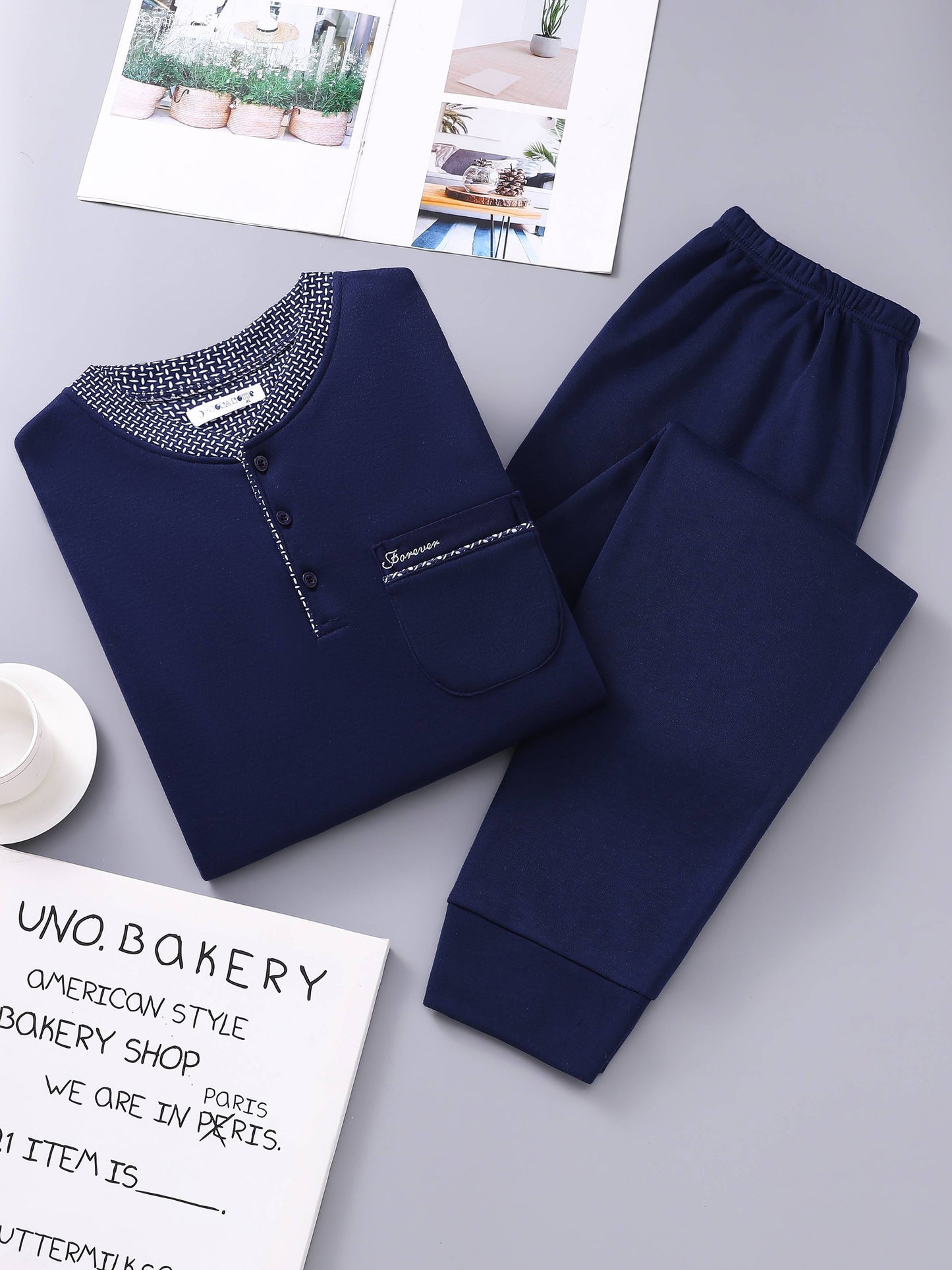 2pcs Casual Round Neck Button Up Long Sleeves Pockets Shirts Tops & Pants Sets, Men's Comfortable Pajamas Loungewear