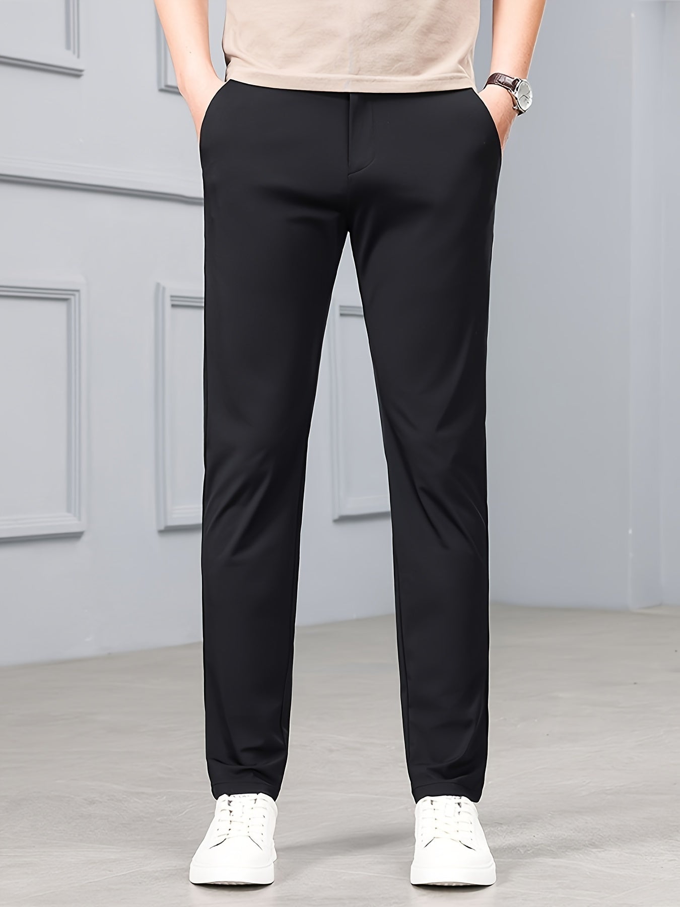 Men'S Slim-Fit Stretch Casual Pants - Mid-Rise Elastic Waistband, Solid Black, Zipper Fly & Pockets, Lightweight Summer Trousers for Casual Outings, Comfortable Leisurewear, Minimalist Design, Smooth Texture Fabric, Highelastic Material, Relaxed Fit, Mode