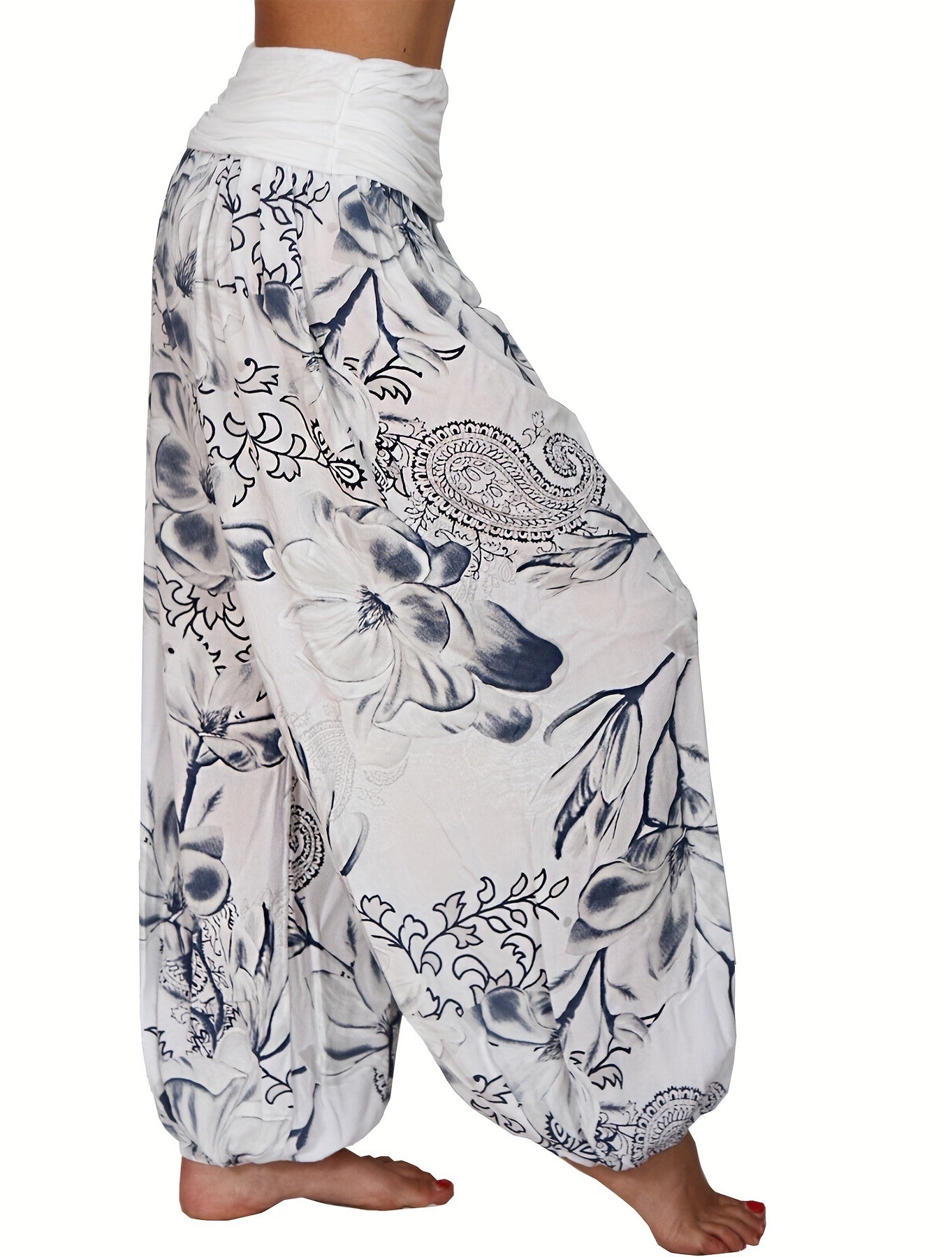Women's Floral Print Harem Pants - Lightweight Polyester, Wide Leg, Casual Vacation Style, Blue and White Flowers, Relaxed Fit Pants|Vacation Style Pants|Machine Washable Fabric, Ladies Pants