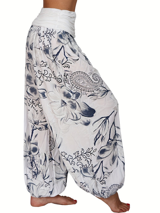 Women's Floral Print Harem Pants - Lightweight Polyester, Wide Leg, Casual Vacation Style, Blue and White Flowers, Relaxed Fit Pants|Vacation Style Pants|Machine Washable Fabric, Ladies Pants