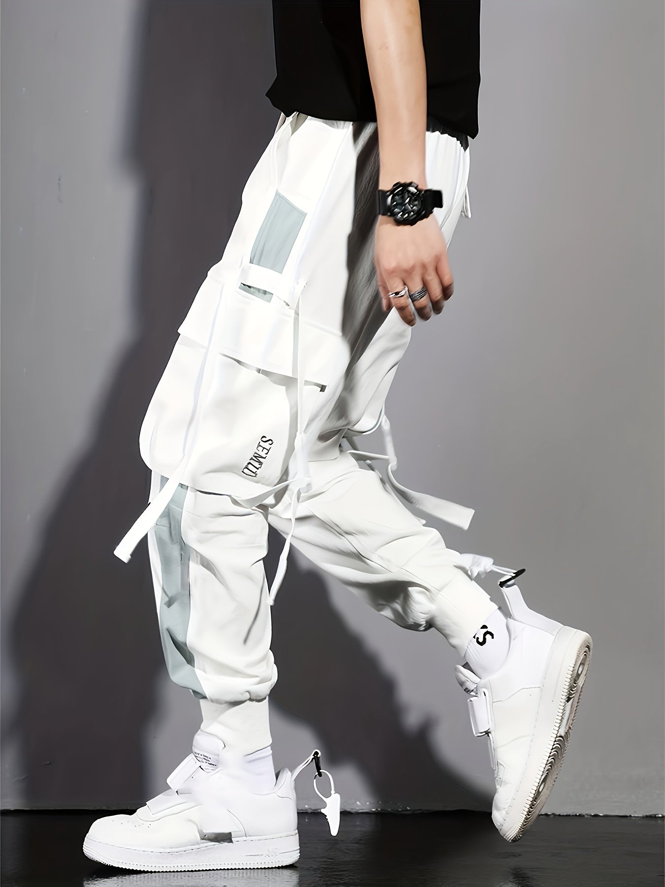 Multi-Pocket Ribbon Design, Summer Breathable Thin Color Block Overalls for Men, Fashionable And Comfortable Jogging Pants