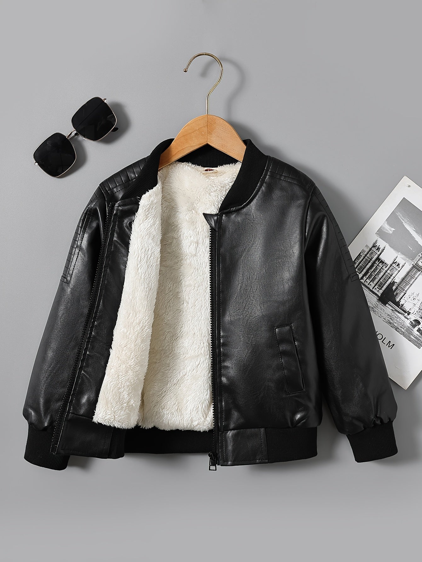 Boys' Cozy Fleece-Lined Zip-Up Jacket - Casual Stand Collar, Long Sleeve Outerwear for Fall/Winter