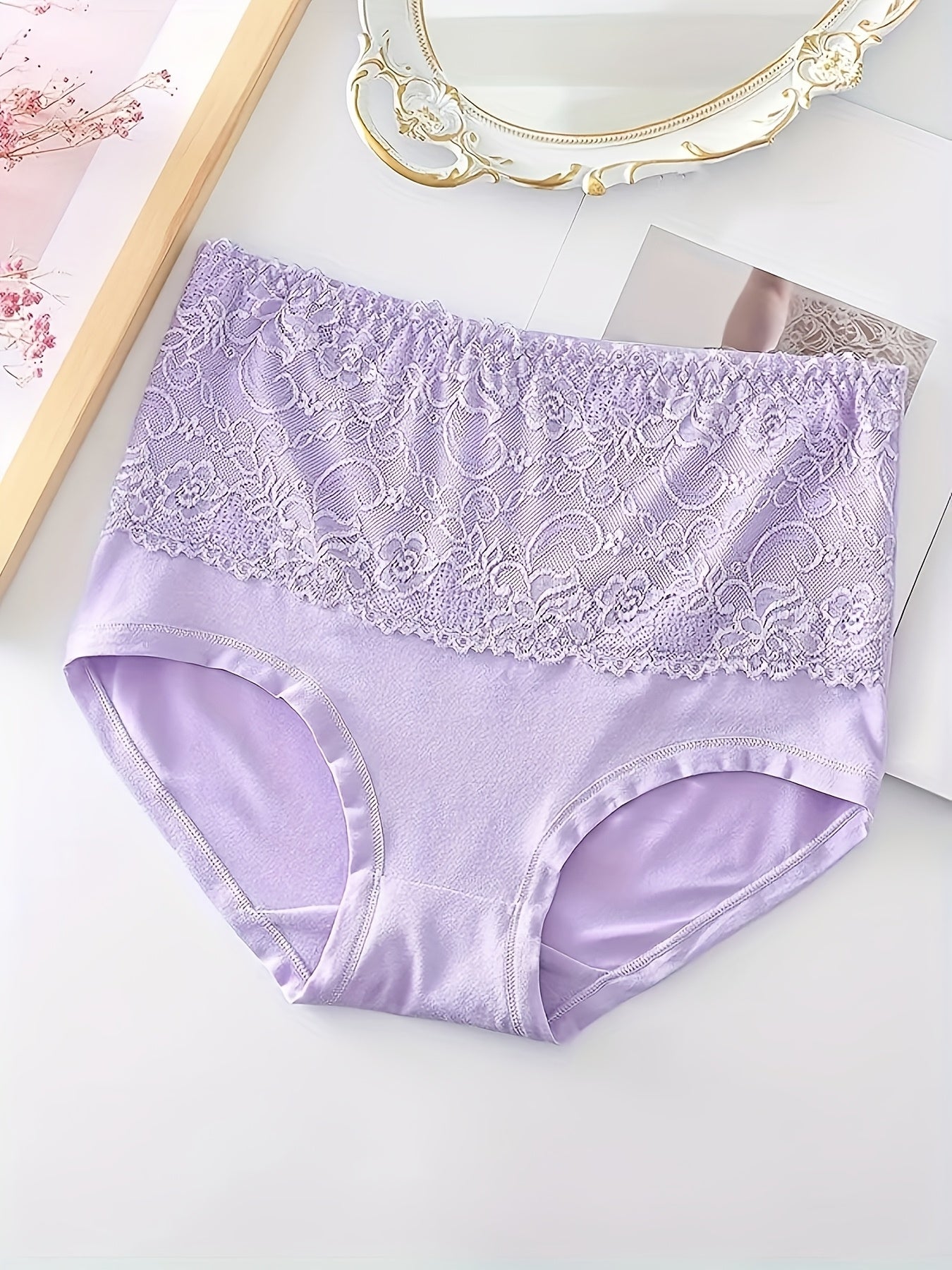 4-Pack Elegant High-Waisted Plus-Size Briefs, Nylon 90% Spandex 10% Knit Fabric with Contrast Lace Detail, Solid Color, Slight Stretch, Comfort Fit Panties