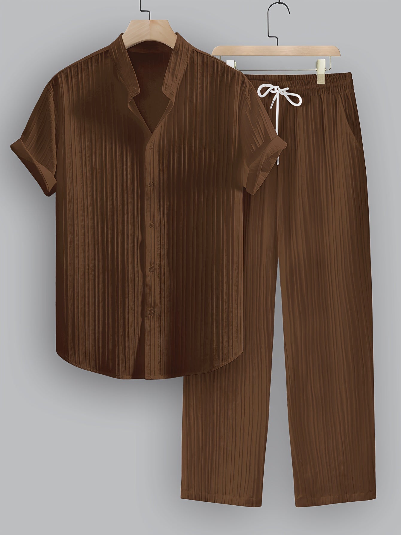 Men's summer solid color striped 2pcs set, casual and fashionable stand-up collar short-sleeved shirt, drawstring trousers, suitable for summer casual daily wear, beach vacation