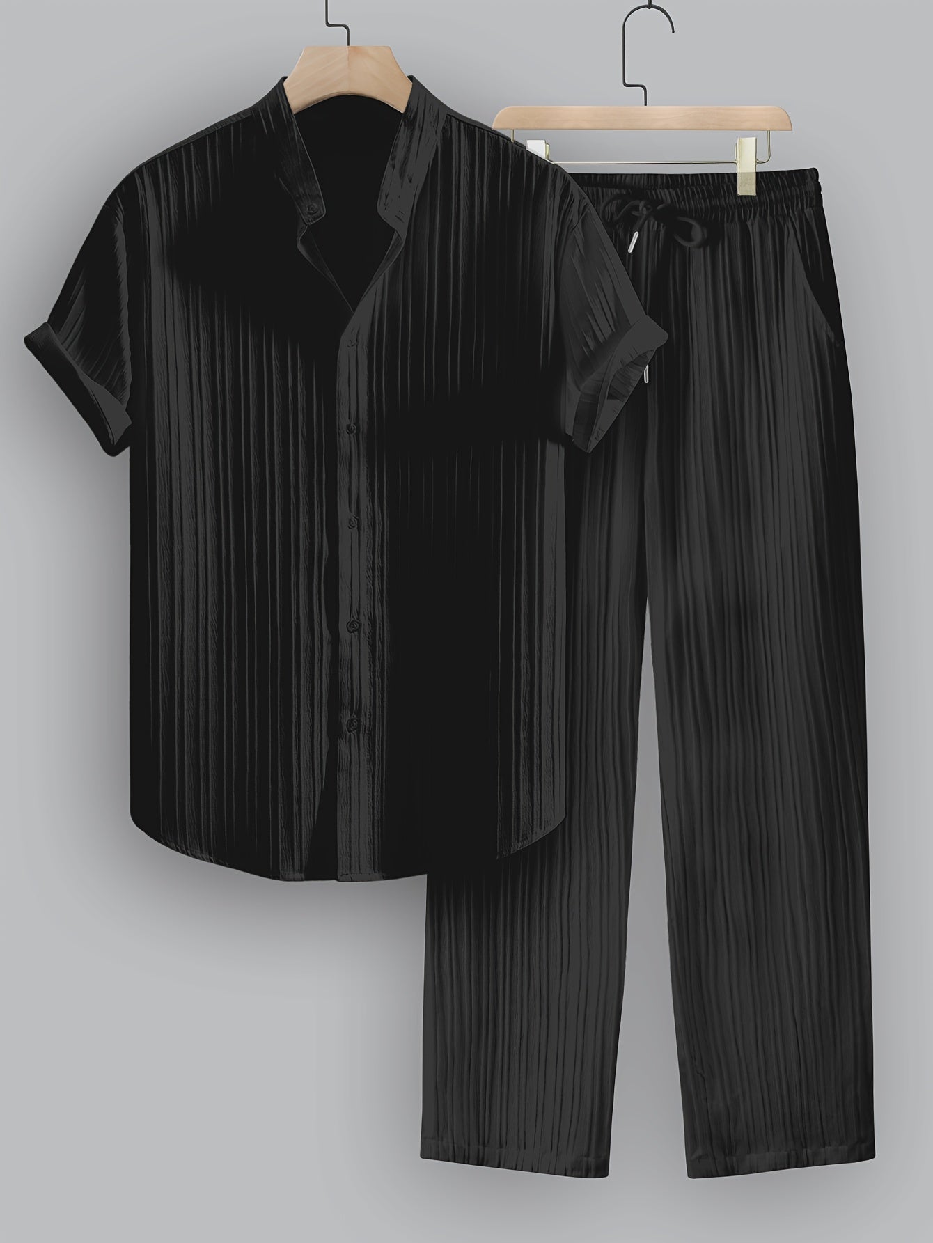 Men's summer solid color striped 2pcs set, casual and fashionable stand-up collar short-sleeved shirt, drawstring trousers, suitable for summer casual daily wear, beach vacation