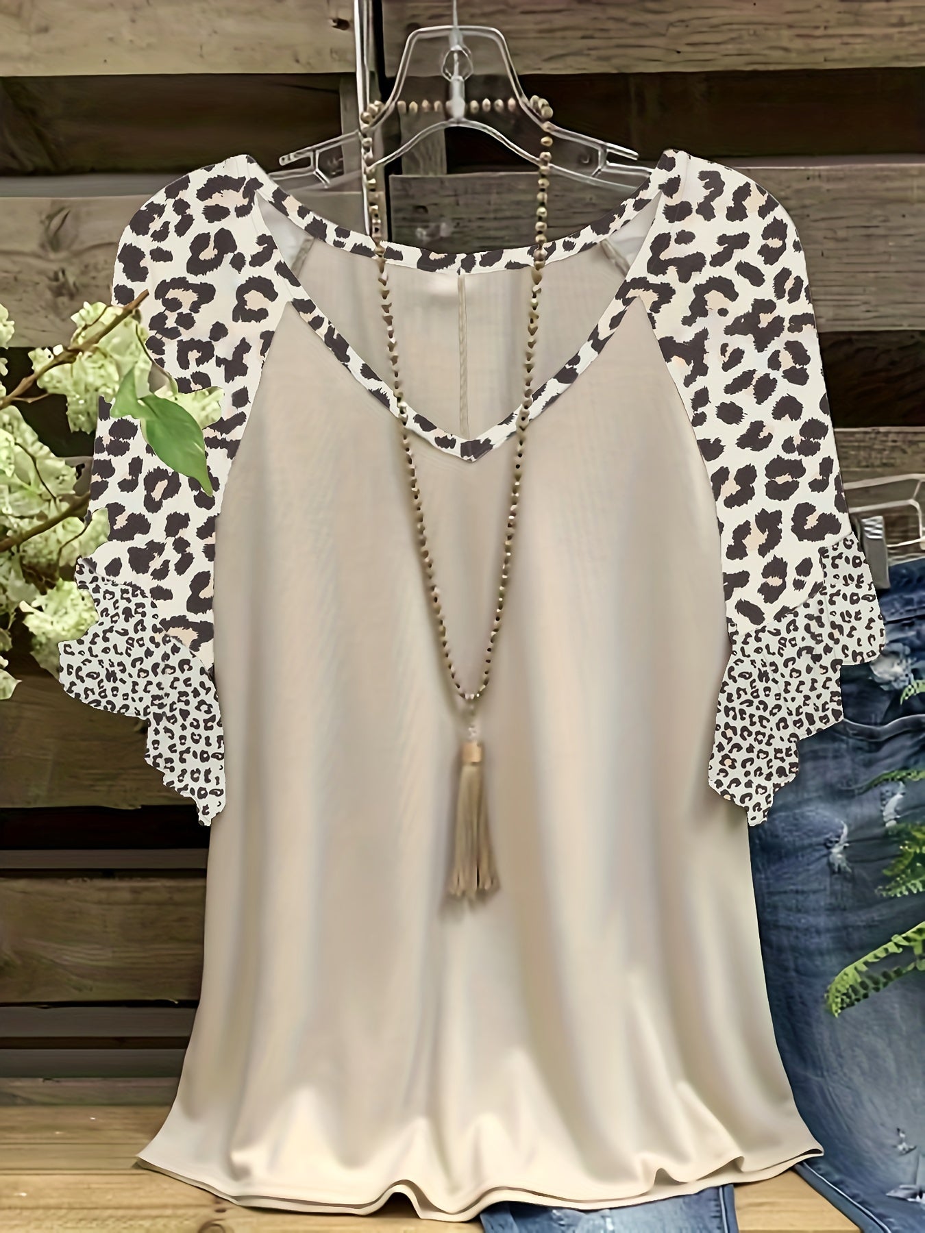 Plus Size, Plus Size Leopard Print Flounce Hem Women's Short Sleeve Spliced T-Shirt