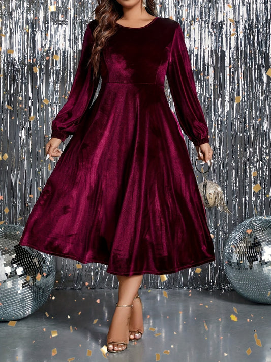 Elegant Plus Size Long Sleeve Midi Dress with Lantern Sleeves and Flared Skirt - Non-Stretch, Machine Washable Velvet, Perfect for Formal Events, Parties, and Casual Outings, Plus Size Dress