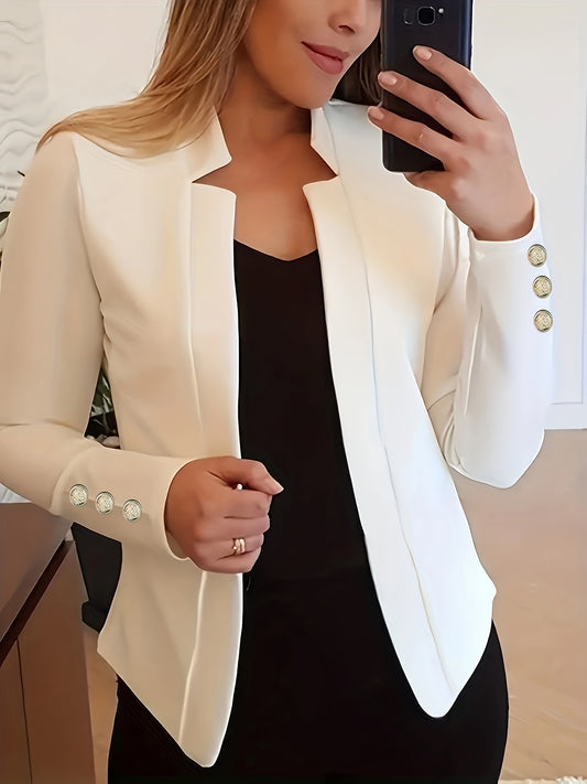Solid Open Front Blazer, Casual Long Sleeve Button Blazer For Office & Work, Women's Clothing