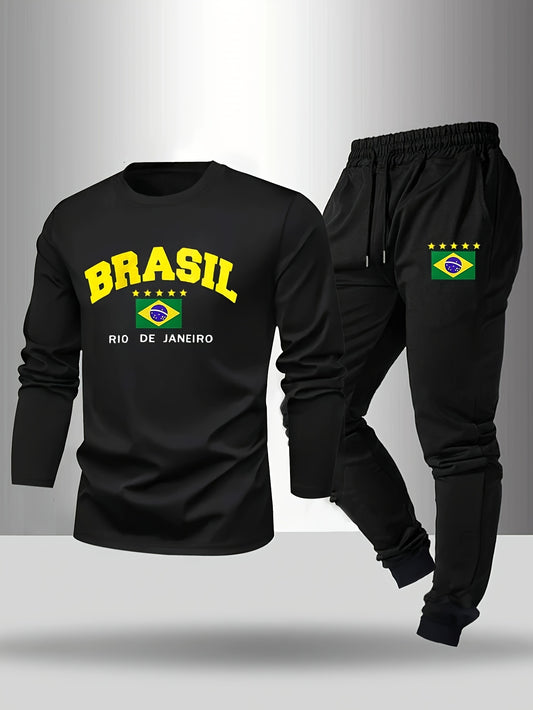 Men's Long Sleeve T-Shirt and Pants Set, Spring/Autumn 2pcs Paris Letter Print Crew Neck Long Sleeve Tee + Drawstring Outdoor Casual Sport Pants Set