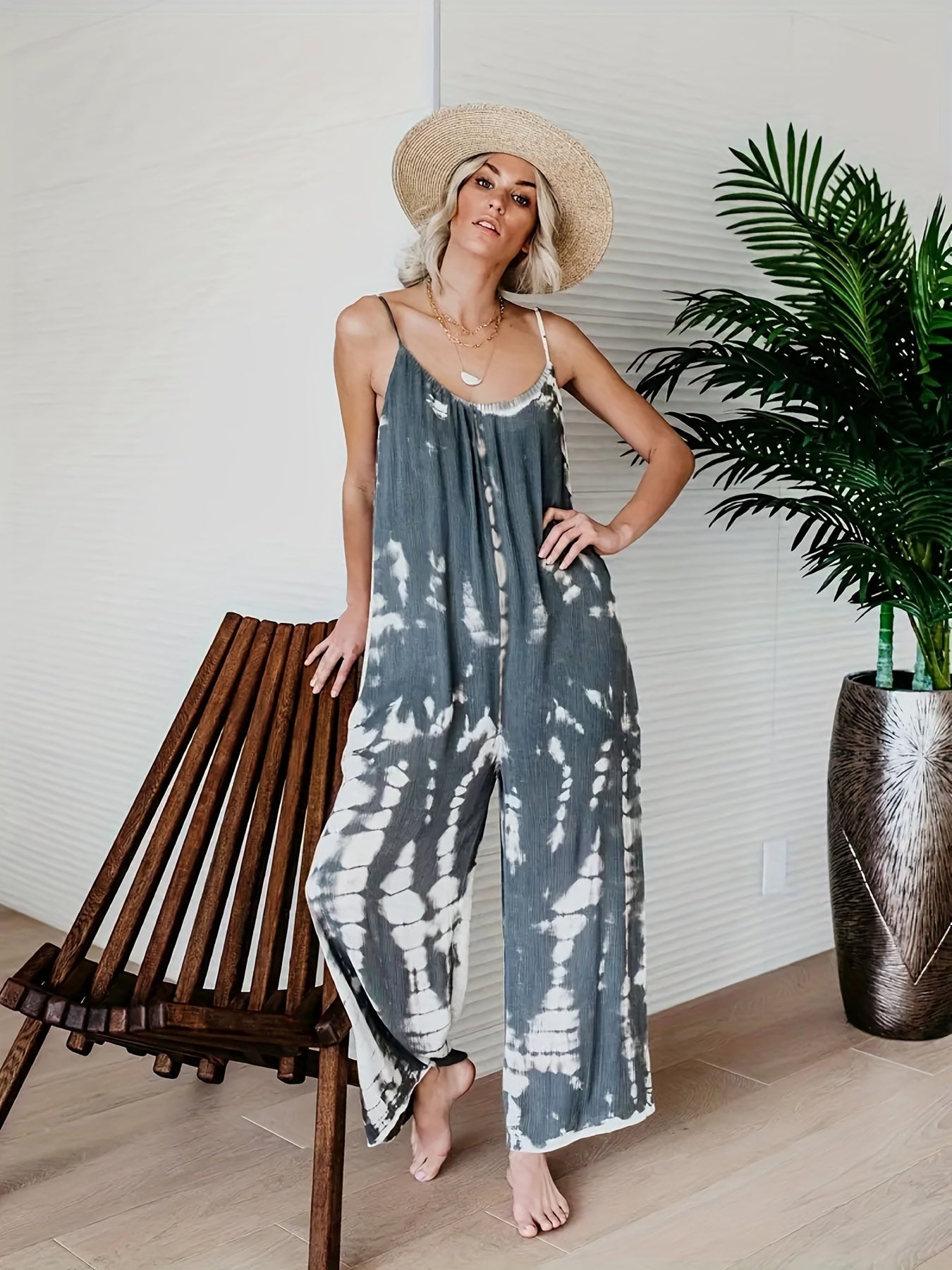 Women's Casual Tie-Dye Cami Jumpsuit - Sexy Wide Leg, Sleeveless, Vibrant Orange and Brown Print, Perfect for Spring/Summer/Fall