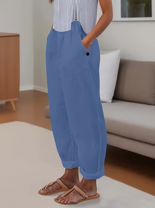Plus Size Women's High-Waisted Casual Loose Pants with Slant Pockets - Solid Color Non-Stretch Machine Washable Trousers for Spring & Summer, Elegant Special Collection