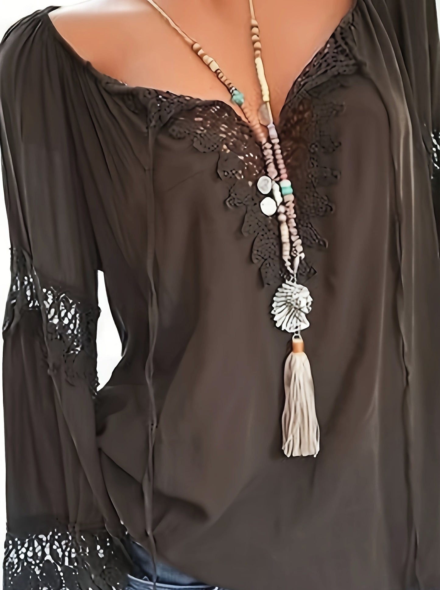 Plus Size - Women'S Plus Size V-Neck Blouse with Contrast Lace Detail - Solid Color, Long Sleeve, Casual Spring/Summer Top, Vacation Style, Casual Summer Top|Vneck Blouse|Lace Detailing