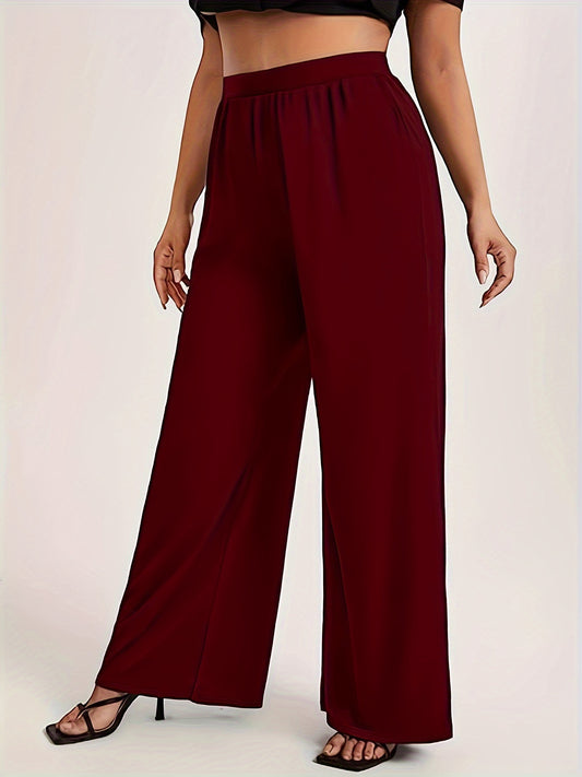 Women'S Plus Size Fashion Elegant Wide Leg Pants, Solid Color, High Stretch Knit Fabric, Straight Leg, 100% Polyester, 180g/m², for Spring/Summer