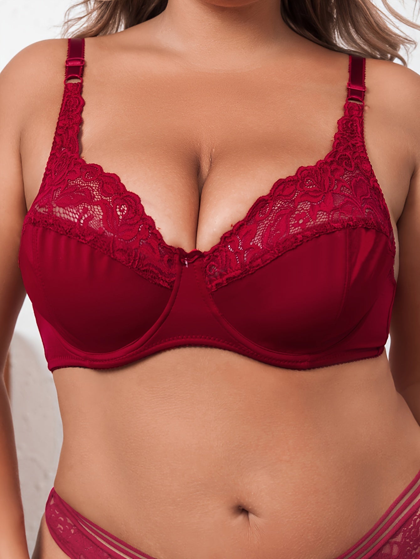 Women's Plus Sexy Bra, Plus Size Bow Decor Contrast Lace Ultra-thin Underwire Bra