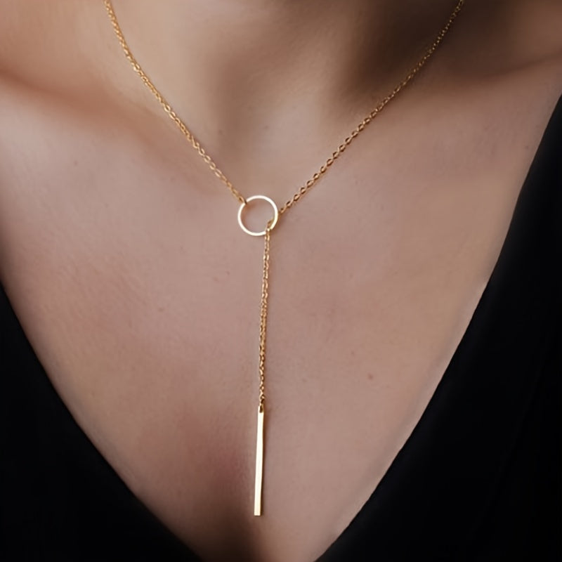 Ethnic & Minimalist Women's Necklace - Golden-Tone Alloy Circle & Rectangular Bar Pendant, Delicate Chain for Casual Attire, Holiday Gift, Versatile Year-Round Jewelry, Festive Accessory, Contemporary Ethnic Neckwear, Twisted Pendant Design, Casual Wear,