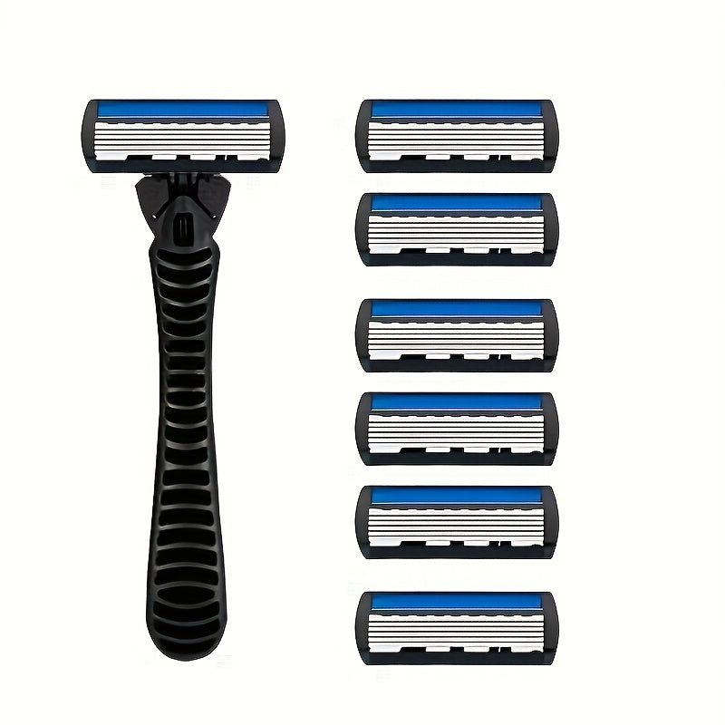 Men's 6-Layer Manual Razor Set with Non-Slip Metal Handle, Multiple Replacement Blades - Ideal for Beard and Mustache Trimming, Men's Grooming Kit|Sleek Razor Design|Durable Shaver Set, Beard Grooming Kit