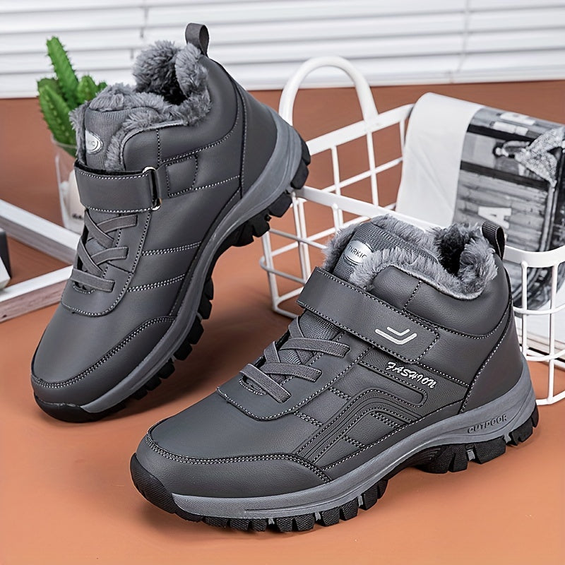 2023 Men's Plush-Lined Winter Snow Boots with Fur-Trimmed Collar - TPR Traction Outsole Ankle Boots for Outdoor Hiking & Casual Wear, Warm Synthetic Round-Toe Design (Black), Outdoor Footwear | Casual Ankle Boots | Laceup Boots