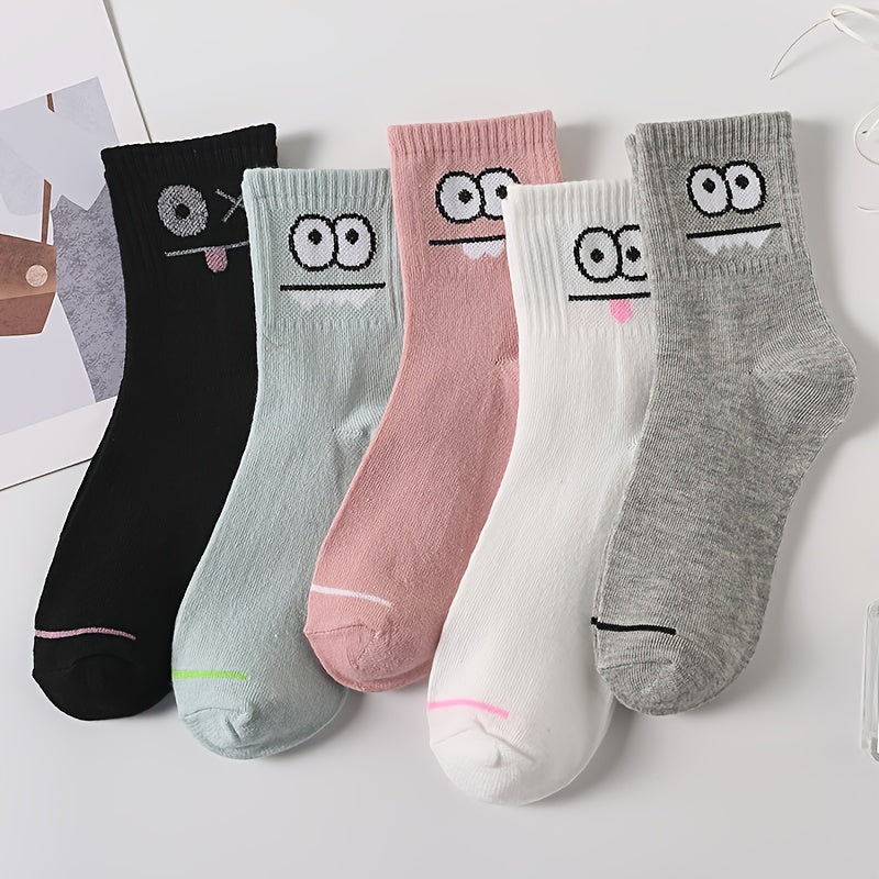 5 Pairs Funny Face Print Socks, Comfy & Casual Mid Tube Socks, Women's Stockings & Hosiery
