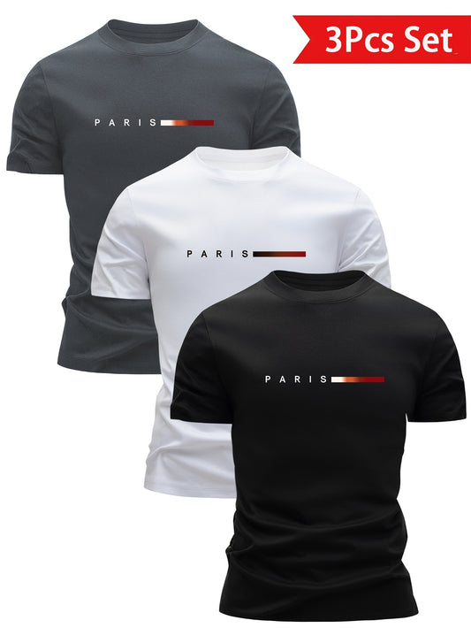 3pcs Men'S 100% T-Shirts - Casual Short Sleeve Round Neck Summer Tees with Paris Graphic Print, Loose Fit, Breathable & Soft Fabric, White & Black Color Options for Casual Attire, T Shirts, Relaxed Fit Tee, Minimalist Design, Comfortable Fit, Everyday Tee