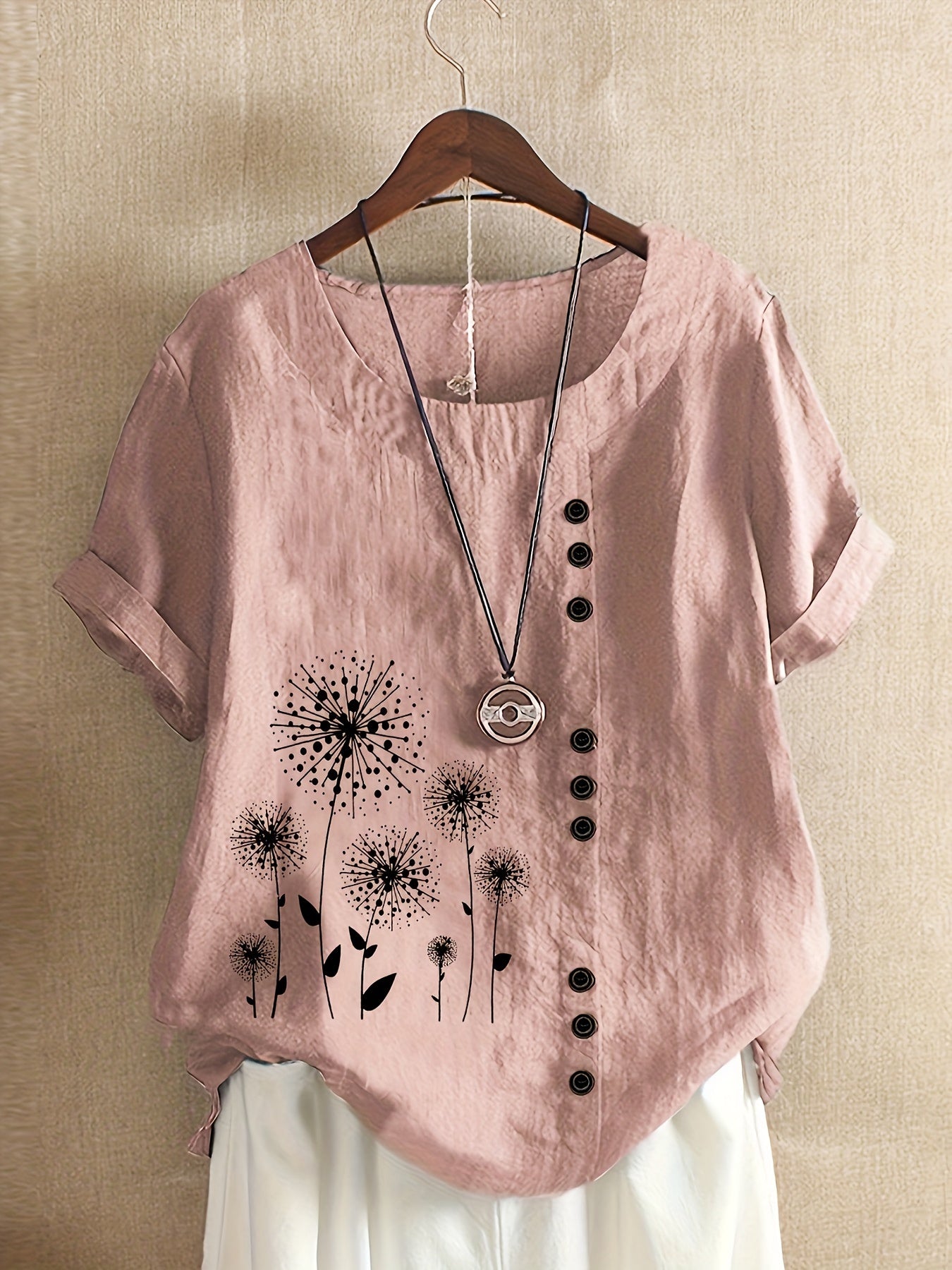 Plus Size, Women's Mint Green Floral Dandelion print Blouse - Loose Fit Plus Size Tops with Button-like details, Lightweight Non-Stretch Shirt for Everyday & Formal Outfits - Machine Washable Casual Women's Clothing, Seasonal Fashion, Round Neckline, Easy