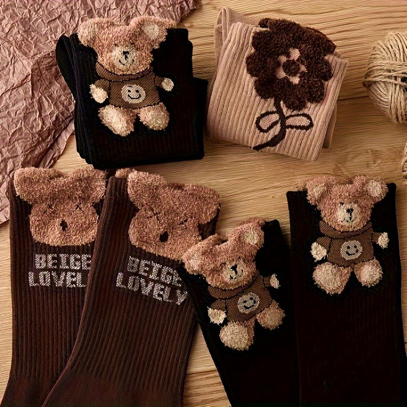 3 Pairs Women'S Mid-Calf Socks with Cartoon Bear & Floral Design - Ribbed, Soft Polyester Blend, Brown & Black, Perfect for Fall & Winter, Cute Socks